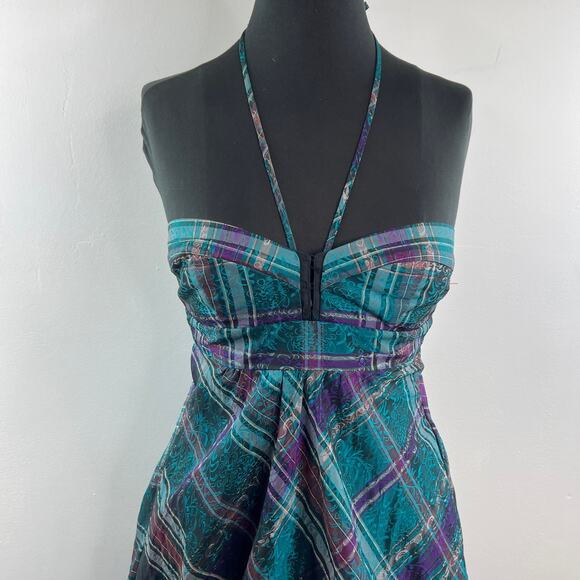 Camille La Vie Halter Plaid Bubble Dress Teal Purple Mini Jacquard Size XS - Picture 2 of 9